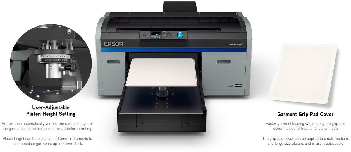 epson surecolor f2100 direct to garment printer dtg showing user adjustable platen height and garment grip pad cover