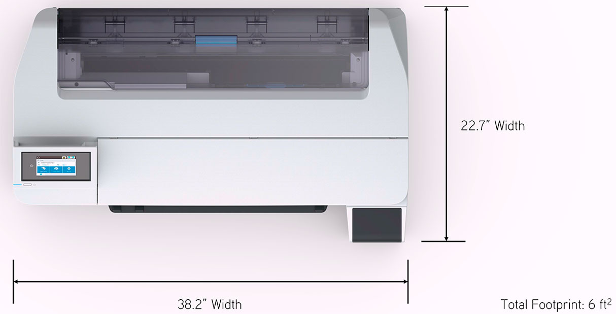 epson surecolor f570 24" dye sublimation printer top view showing small 6 square feet footprint with 38.2 inch wide by 22.7 inch depth