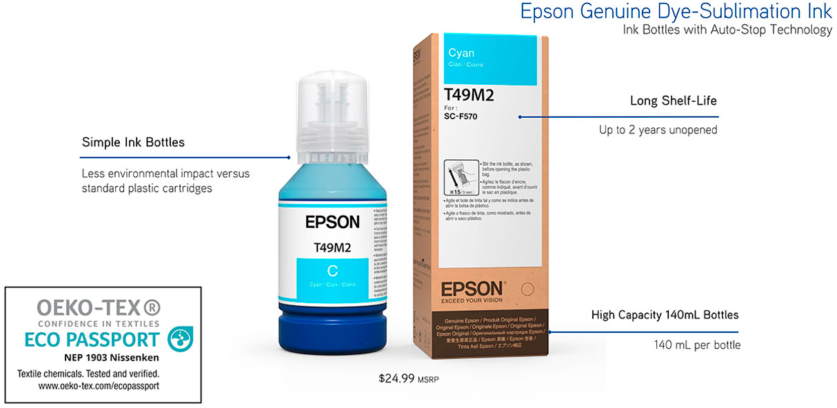 epson surecolor f570 24" dye sublimation printer T49 ink description showing long shelf life up to 2 years unopened simple 140ml refillable ink bottles oeko-tex and eco passport nep 1903 certification