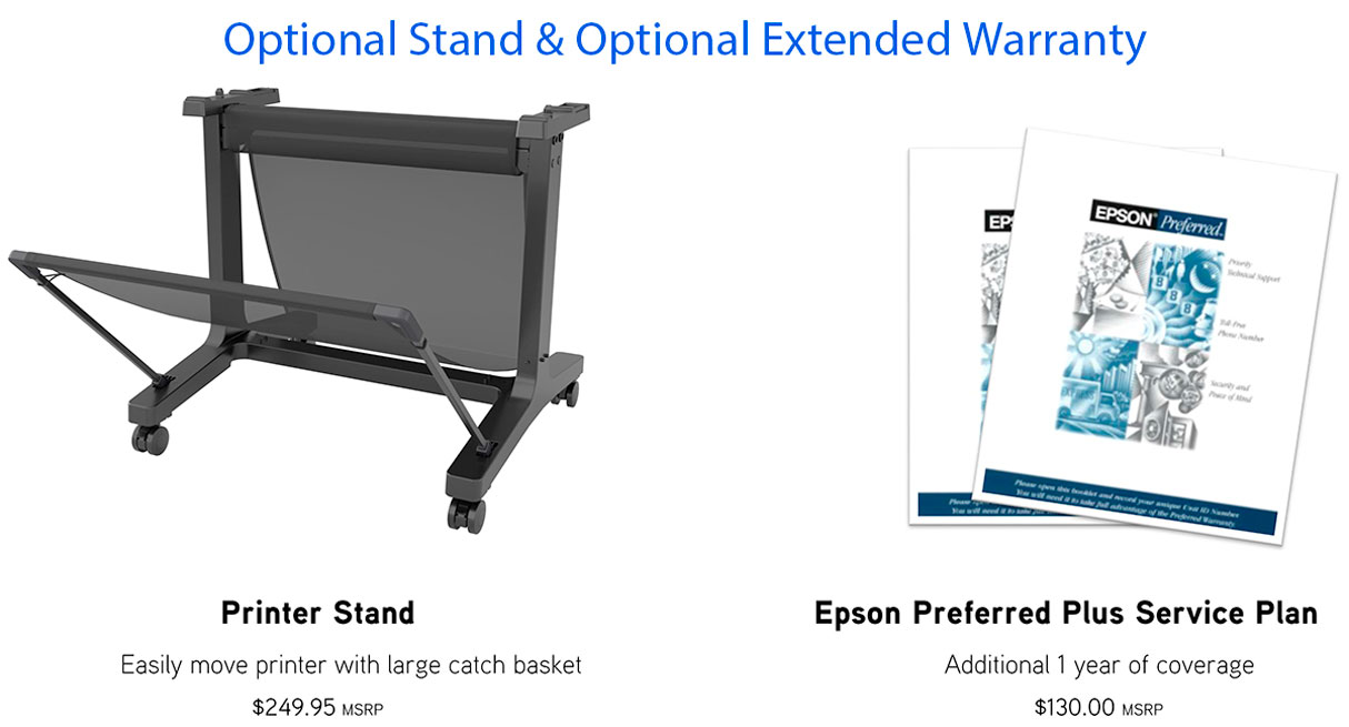 epson surecolor f570 24" dye sublimation printer options including stand with catch basket and extended warranty preferred plus service plan