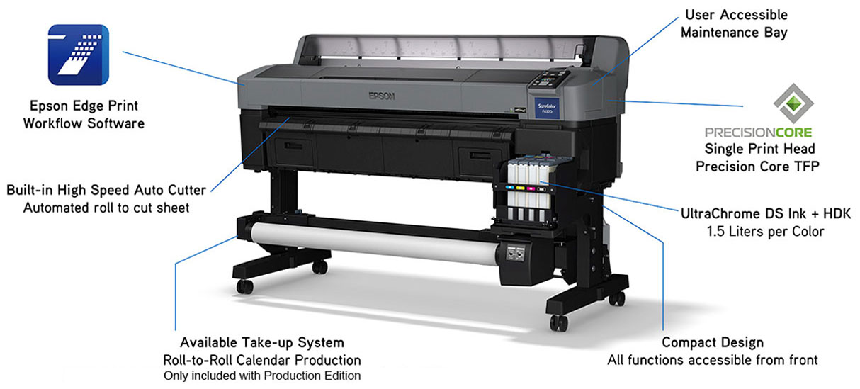 epson surecolor f6370 dye sub printer description showing user accessible maintenance bay epson edge print workflow software built in high speed cutter optional take up reel system for roll to roll production compact design single print head ultrachrome ds ink