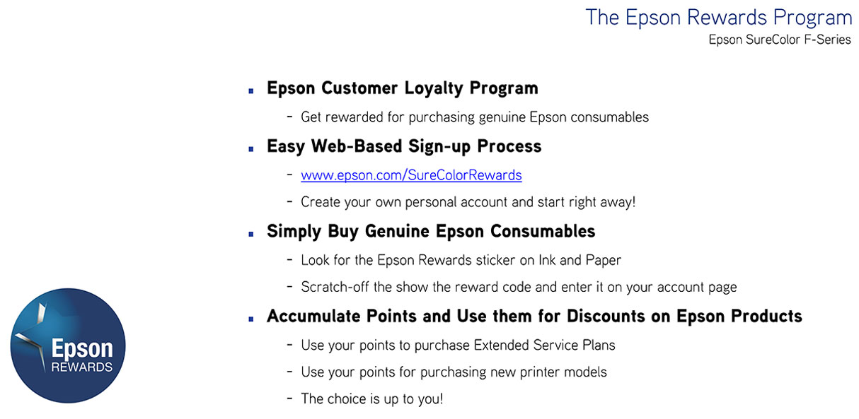 epson surecolor f6370 dye sub printer description showing epson rewards program earning points with ink and paper purchases to redeem towards extended warranty service plans or new printers