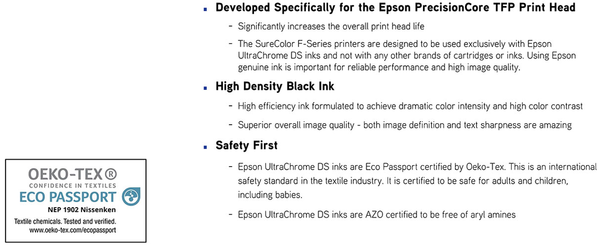 epson surecolor f6370 dye sub printer description epson ultrachrome ds inks for increased overall print head life high density black ink for sharpness and dmax density oeko-tex certification and eco passport certification
