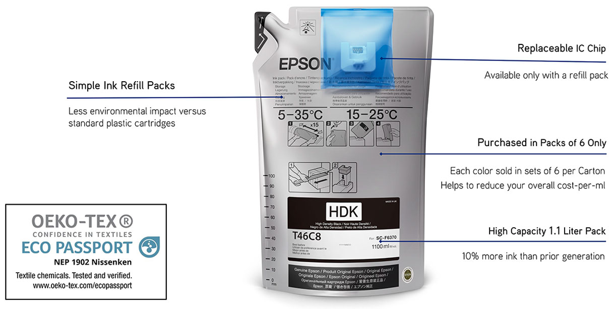 epson surecolor f6370 dye sub printer description showing epson ink refill packs new 1.1 liter size or 1100ml size replaceable ic chip oeko-tex and eco passport certification