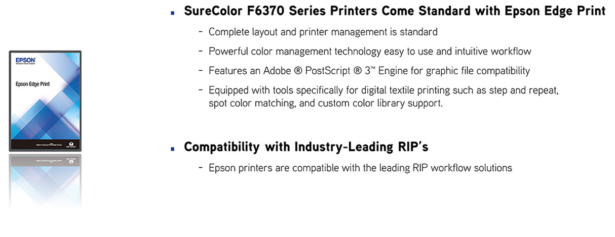 epson surecolor f6370 dye sub printer description showing includes epson edge print workflow software for true adobe postscript 3 engine layout nest hot folder