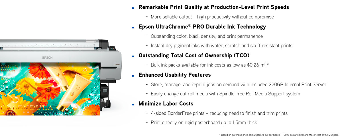 epson surecolor p10000 production edition printer showing features including ultrachrome pro durable ink wide color gamut and black density low ink cost easy to use border free media loading rigid posterboard