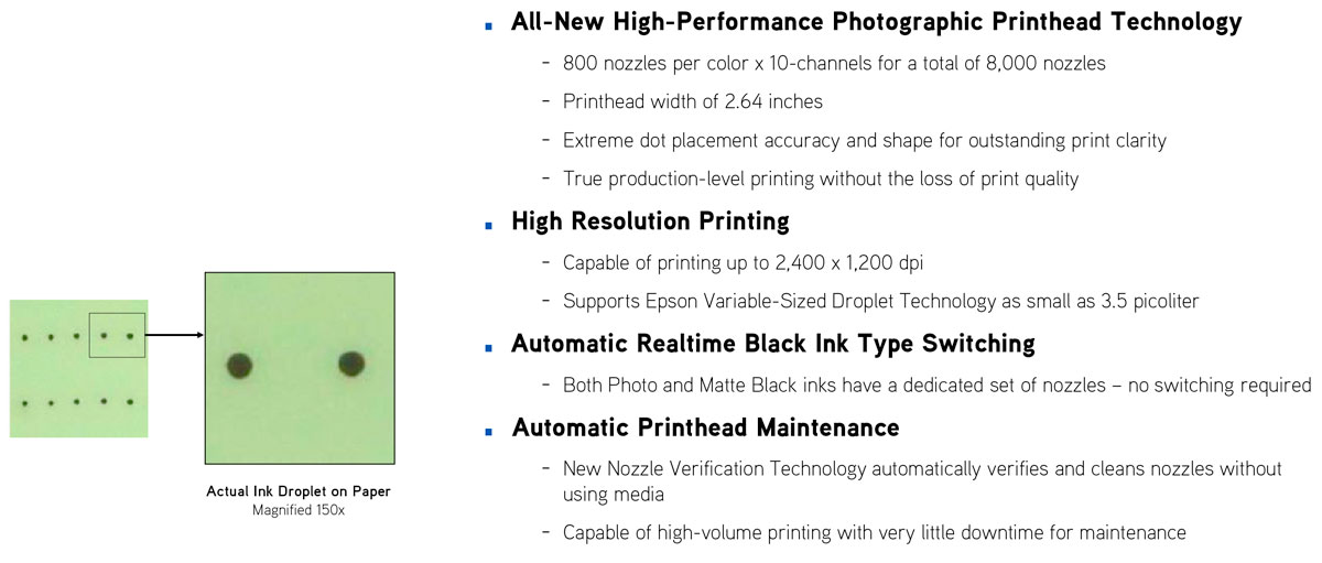 epson surecolor p10000 production edition printer print head 2400 dpi 3.5 picoliter auto maintenance real time black switching between photo and matte black