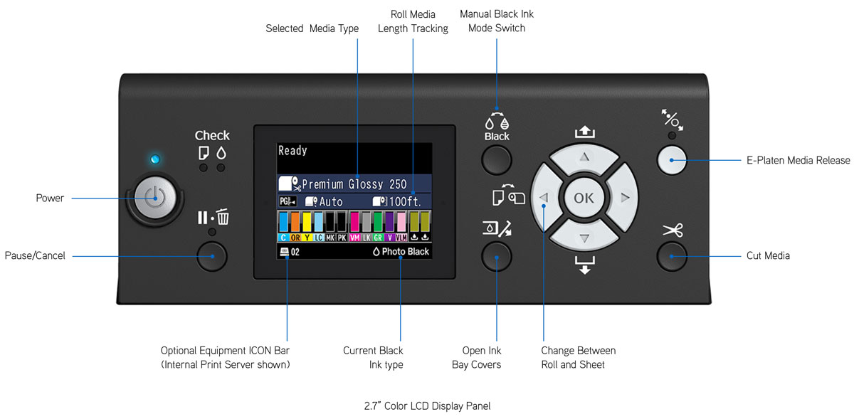 epson surecolor p9000 commercial edition printer control panel color lcd buttons menu