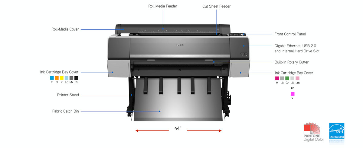 epson surecolor p9000 commercial edition printer features sheet and roll feeders ink bay rotary cutter catch bin