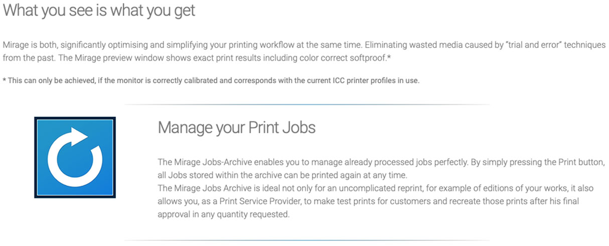 mirage epson master edition features including what you see is what you get and job archiving for reprints