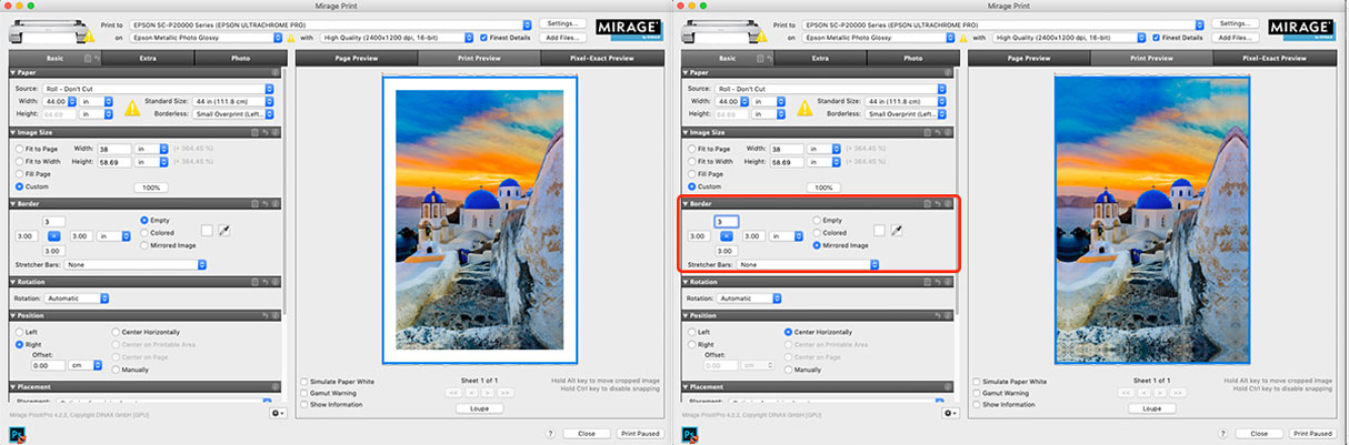 mirage epson master edition layout showing auto gallery wrap border function for fast and easy canvas printing