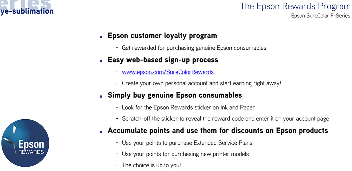 epson surecolor f9470 dye sub printer rewards program buying epson ink and epson paper get points to redeem towards extended warranty service plan or new printer