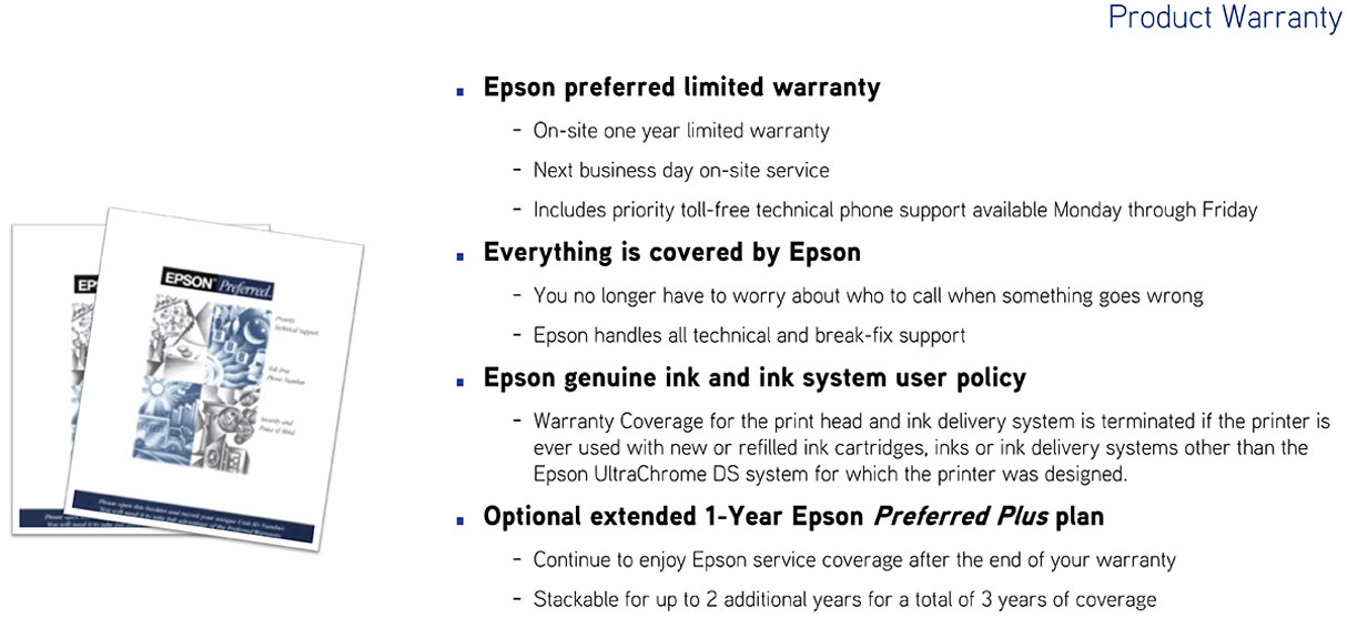 epson surecolor f9470 dye sub printer warranty with one year on-site next day service which can be extended 1 or 2 more years