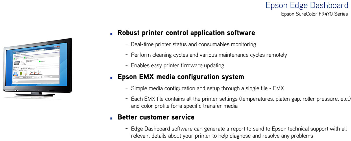 epson surecolor f9470 dye sub printer with epson edge dashboard for robust printer control and real time printer status and consumables monitoring perform cleaning firmware upgrades and manage custom medias with emx system