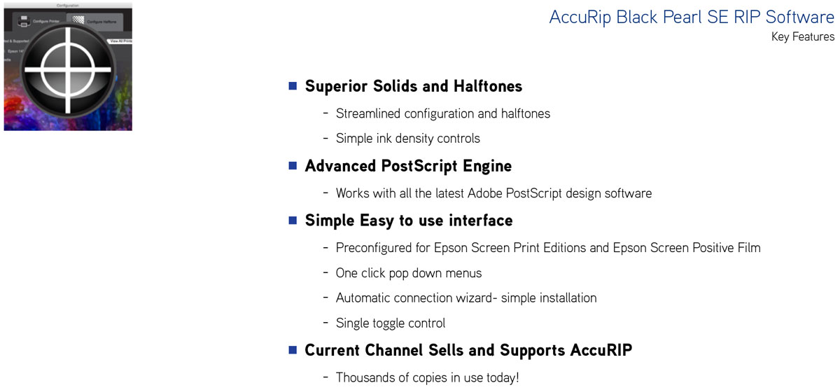 epson surecolor p800 screen print edition printer showing bundled accurip features including superior solids and halftones true adobe postscript compatibility simple easy interface