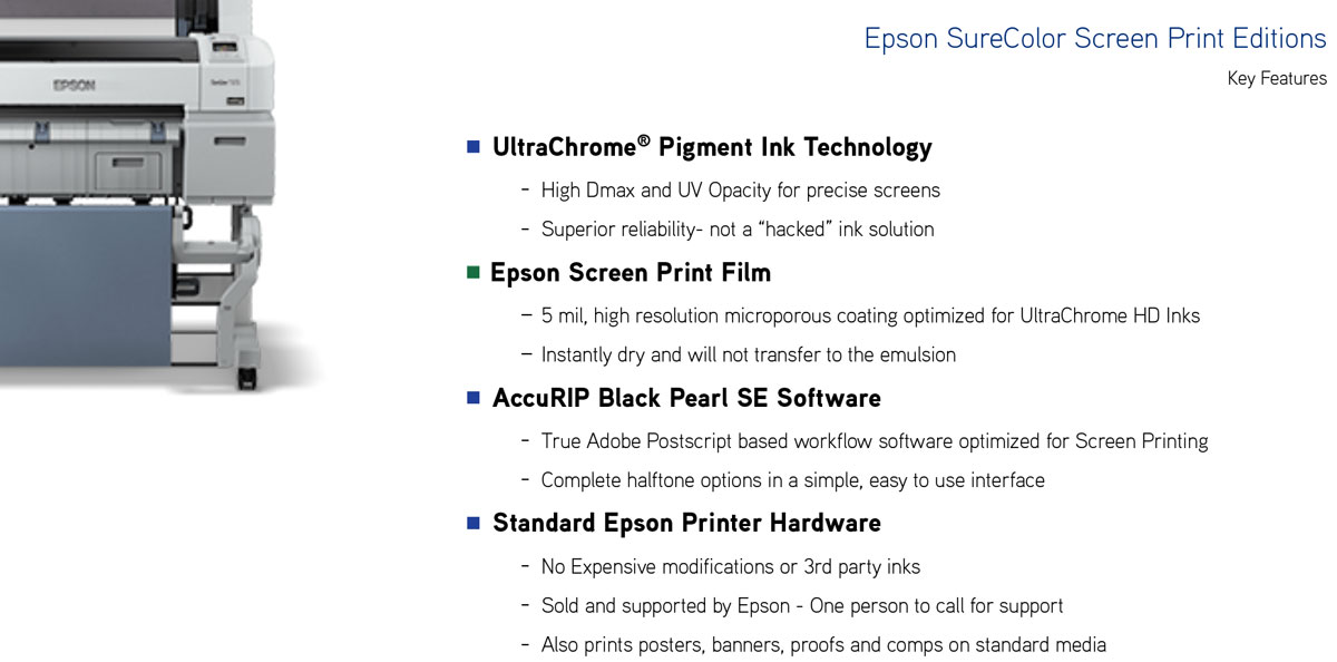 epson surecolor p800 screen print edition printer features including ultrachrome pigment inks for high dmax and uv opacity true screen print non hacked solution epson positive screen print film instant dry accurip black pearl se software for halftone options no 3rd party