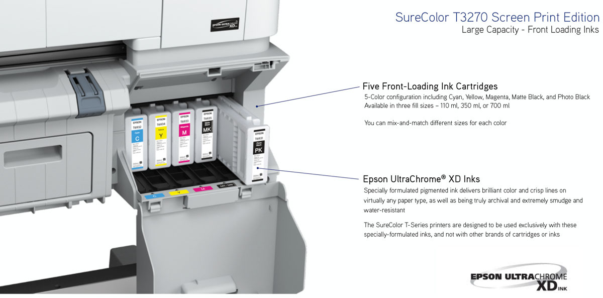 epson surecolor t3270 screen print edition printer with front loading 100ml 330ml or 700ml ink cartridges and ultrachrome xd inks for durable and high dmax