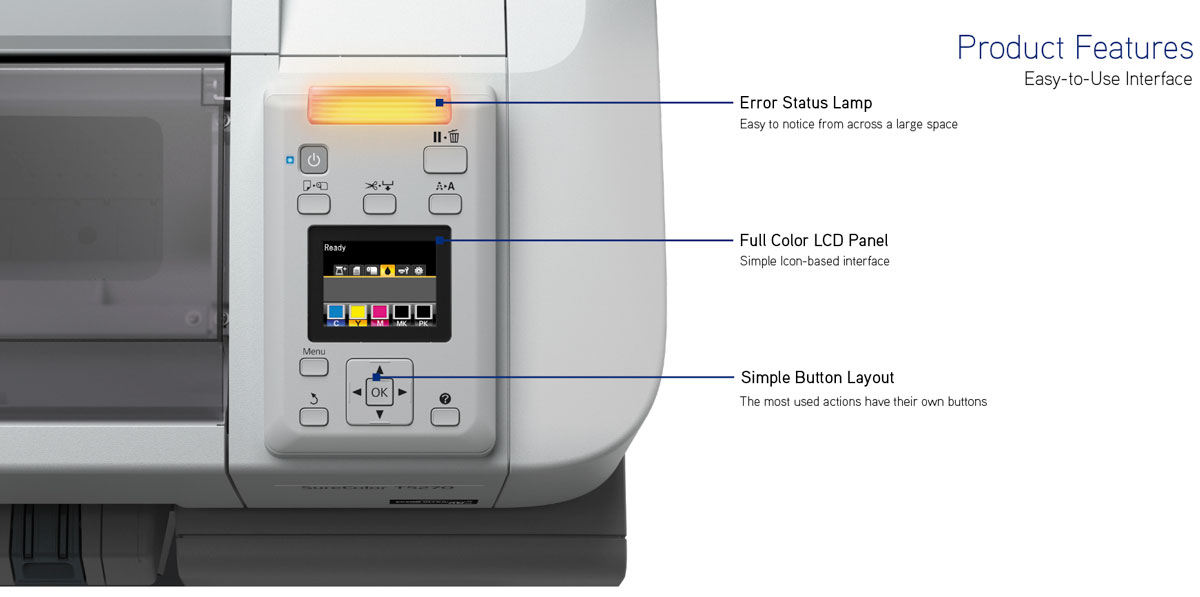 epson surecolor t7270 dual roll showing error status lamp easy to use full color lcd panel with simple button layout