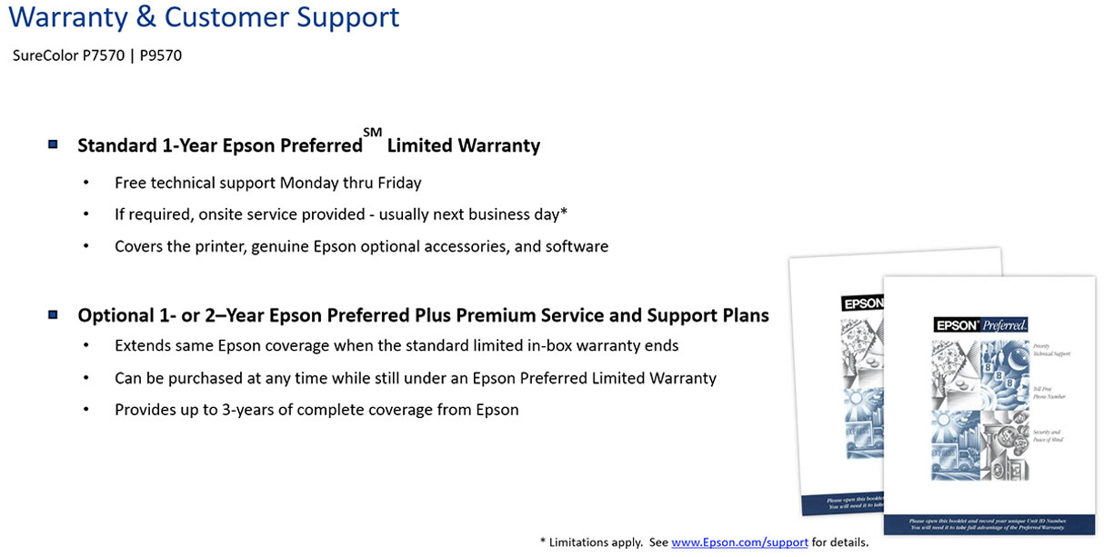 epson surecolor p9570 standard edition printer warranty description comes with 1 year parts and labor on site warranty with option to purchase 1 or 2 year extension for a total of 3 year epson preferred coverage