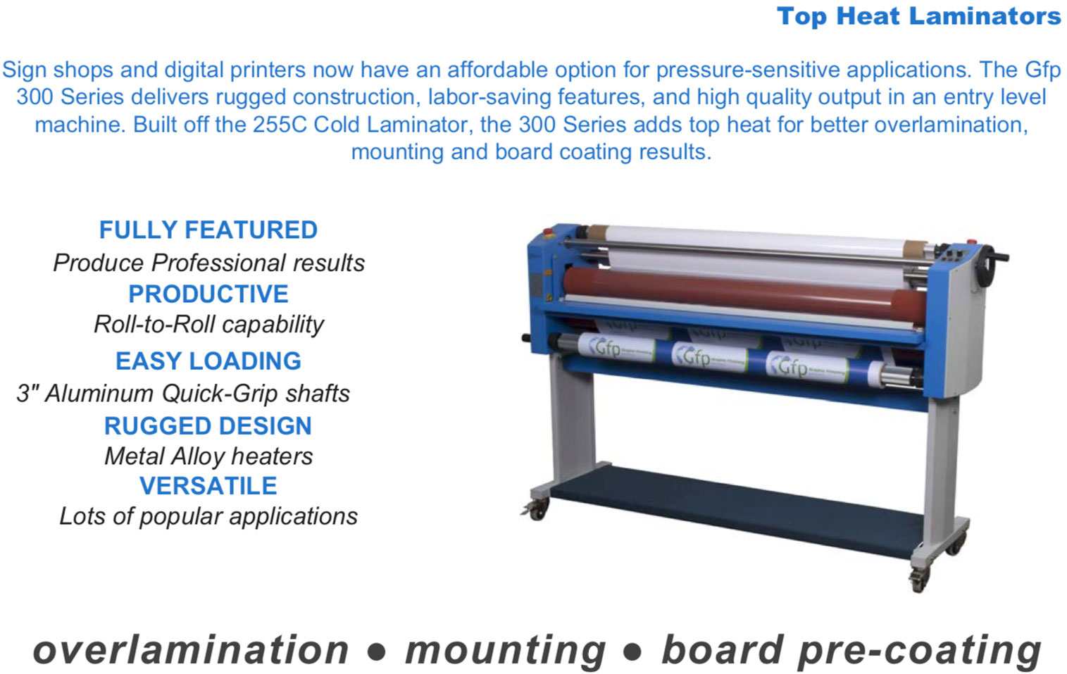 gfp 363-th top heat laminator showing for overlamination mounting and board pre-coating with 3