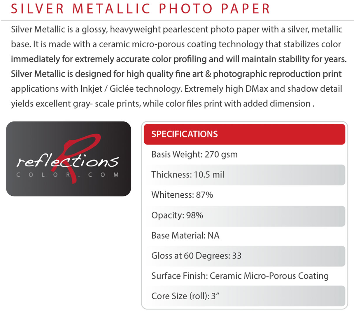 reflections silver metallic photo paper featuring metallic glossy pearlescent surface with 270gsm and 10.5mil