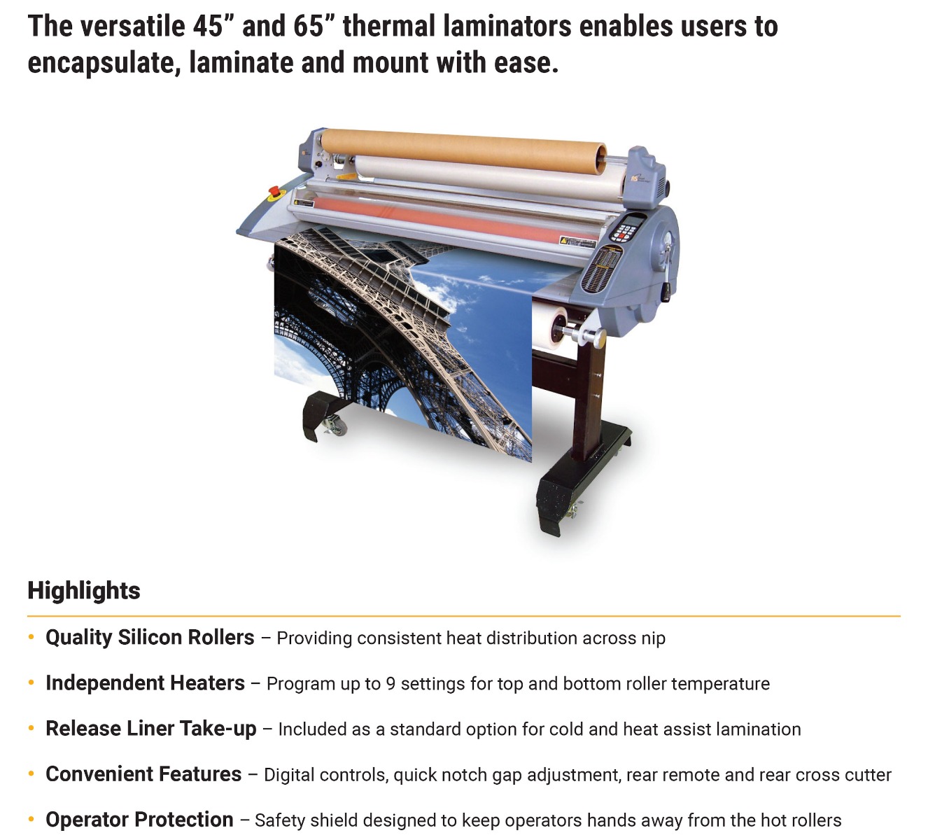 royal sovereign rsh-1151 thermal laminator features quality silicon rollers independent heaters with 9 settings release liner take up safety features