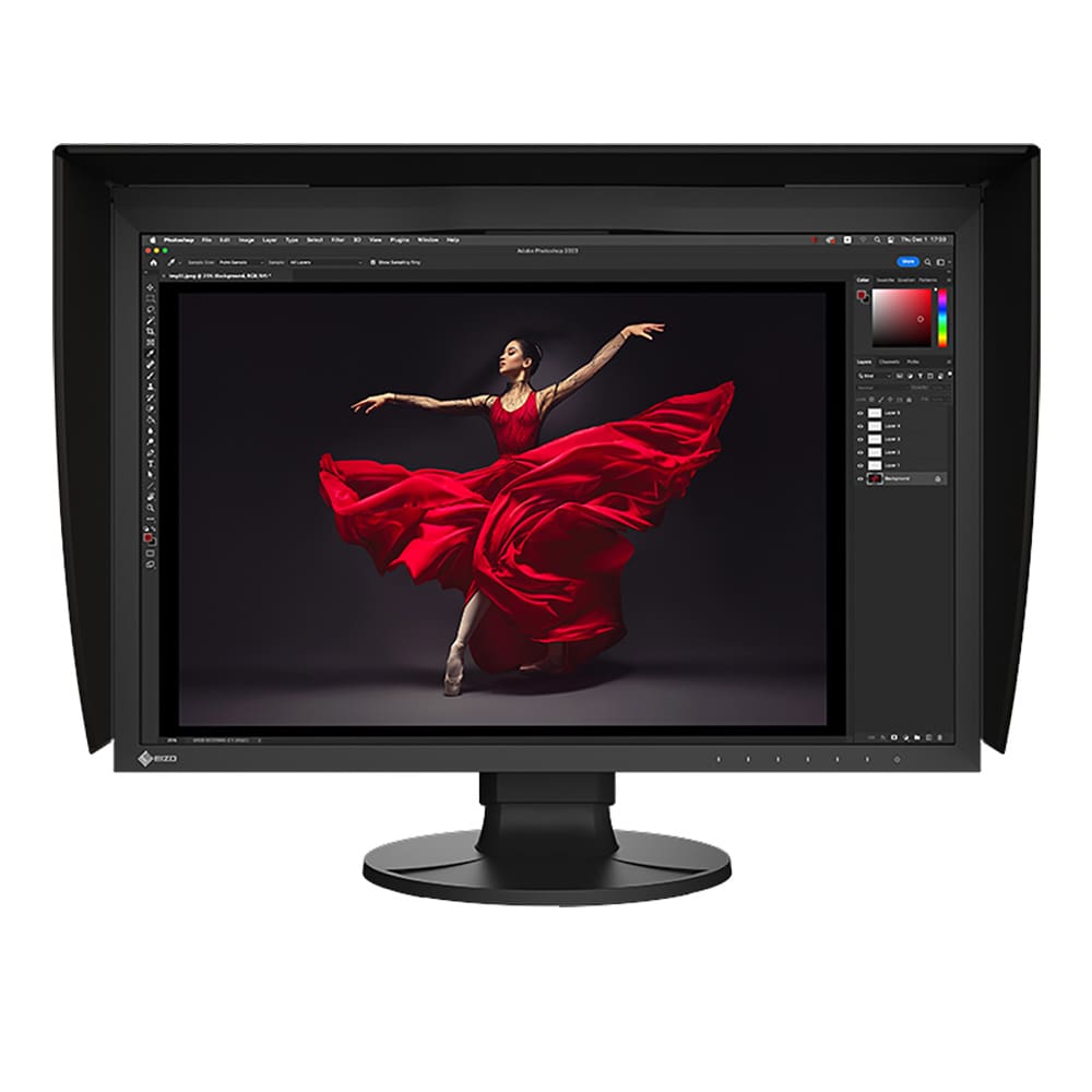 Eizo ColorEdge CG2400S 24.1" monitor with hood showing a photo of a dancer in a red dress