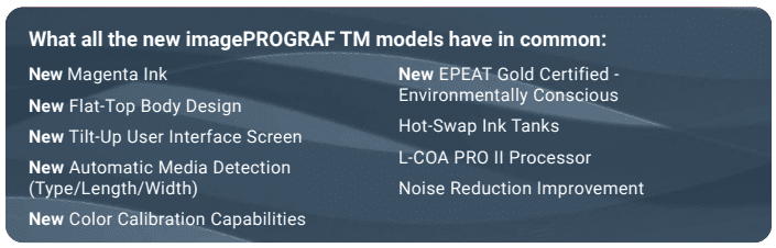 picture showing the features that the canon tm-240, tm-250, tm-350, tm-355 have in common including new magenta ink , body design, hot swap ink tanks, auto media detection, and color calibration