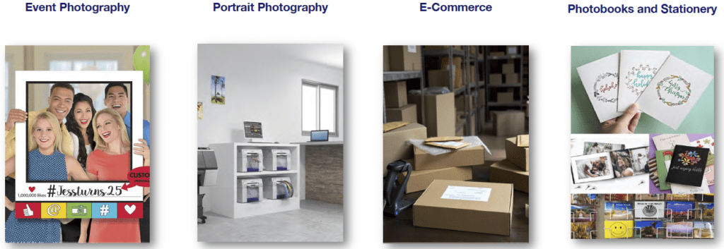 markets and applications for the surelab d1070 printer including event photography, portrait photography, e-commerce, photobooks, and stationary