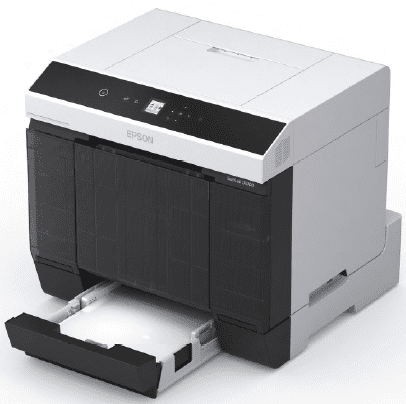 epson d1070de printer showing built-in sheet tray with duplex feeder for double sided sheet printing