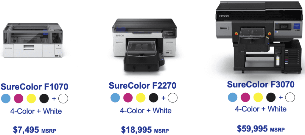 image showing Epson direct to garment printers and their pricing including the surecolor f1070, f2270, and f3070 DTG printers.