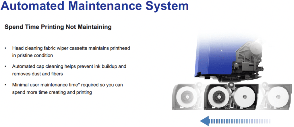 image showing the epson f1070 printers automated maintenance system which includes a head cleaning fabric wiper, automated cap cleaning system which yields minimal user maintenance time required