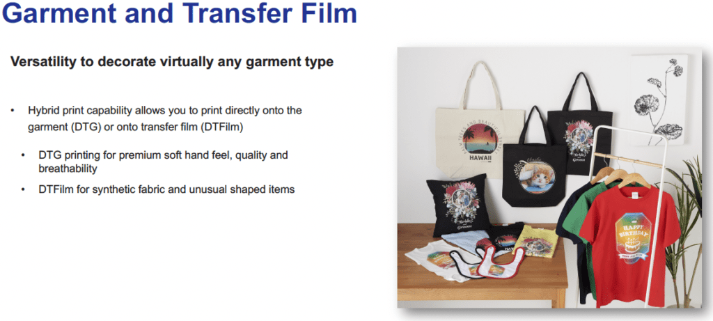 image showing the ability for the epson surecolor f1070 printer to print direct to garment as well as dtf (direct to film) transfers