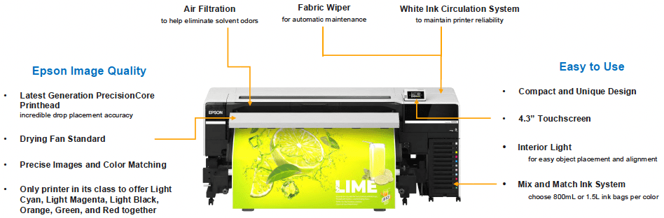 image showing the epson surecolor s9170 solvent printer with new features including drying fan, air filtration, fabric wiper, white ink circulation, 4.3 inch touch screen interior light and mix and match ink system.