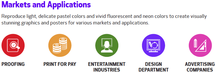 Market applications for the canon gp-4000 and gp-2000 large format printers including proofing print for pay entertainment design and advertising.