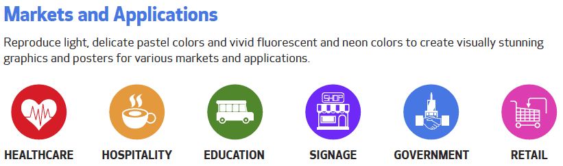 image showing the different markets and applications ideal for the canon gp-300 printer including healthcare printing, hospitality, education, signage, government and retail.