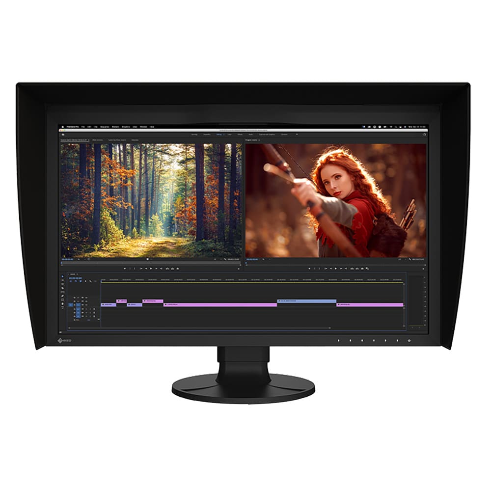 Eizo ColorEdge CG2700X 27" 4K monitor with hood showing a video editing timeline