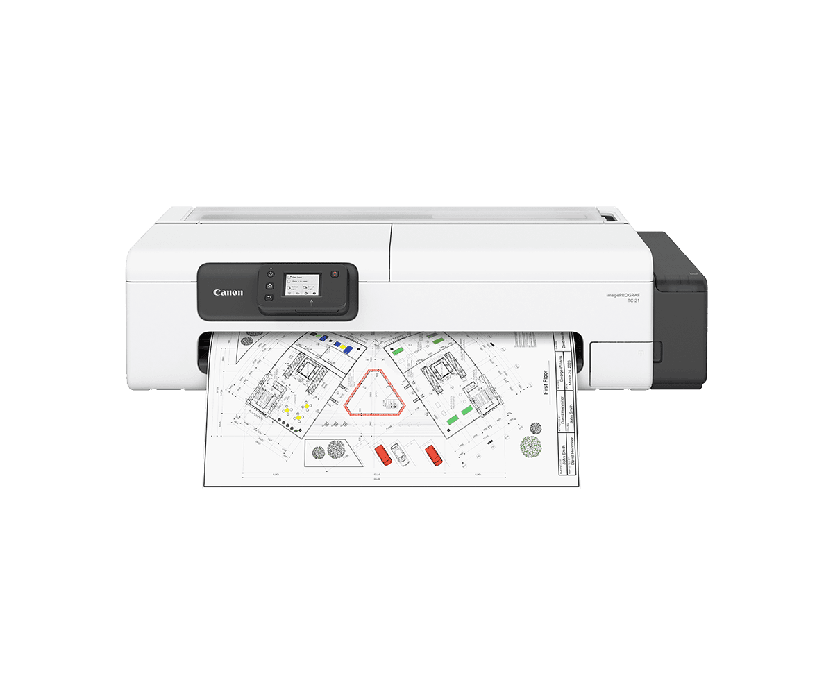 Canon imagePROGRAF TC-21 24-inch large format printer, front view printing a CAD drawing