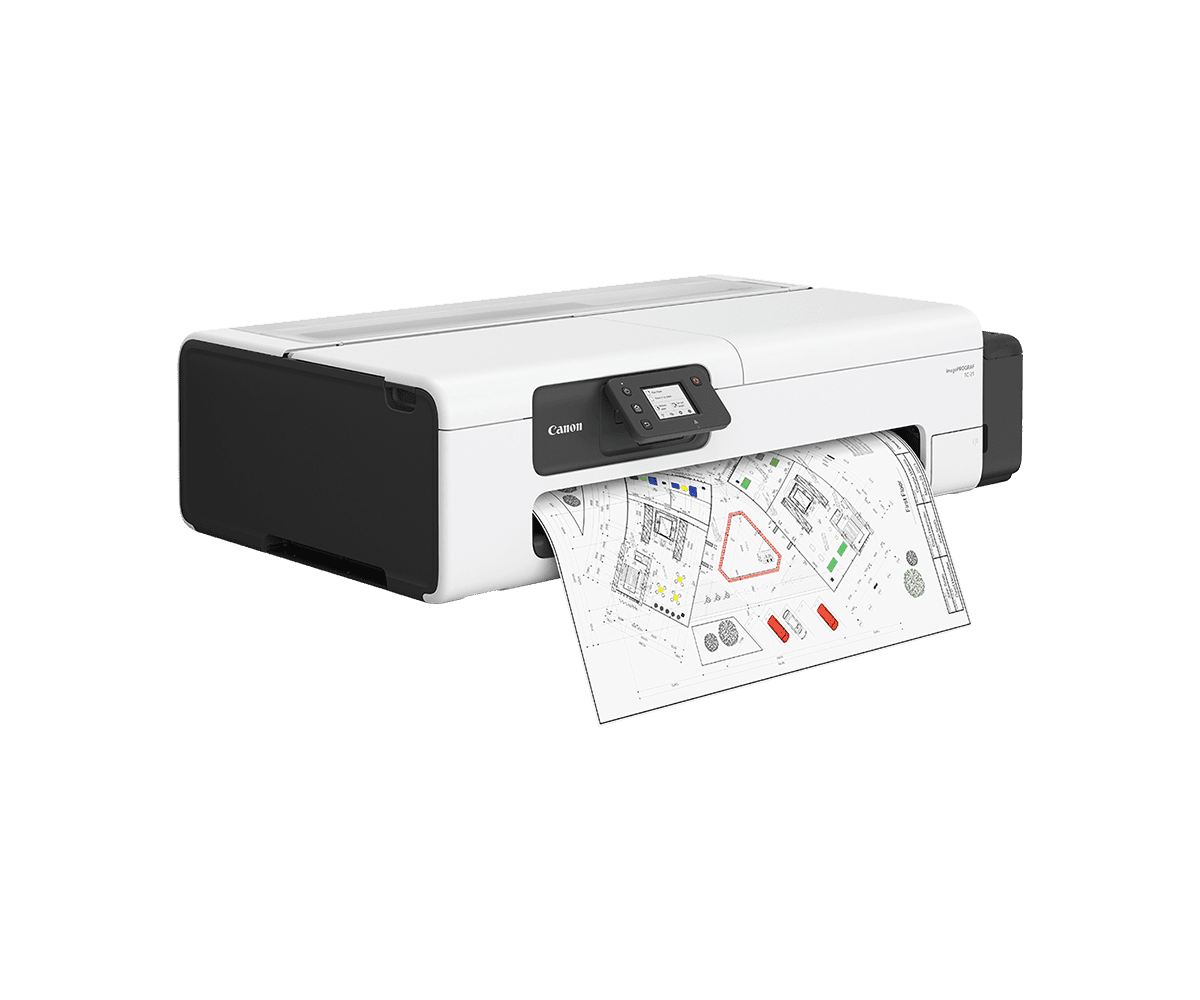 Canon imagePROGRAF TC-21 24-inch printer, angled view with roll print output