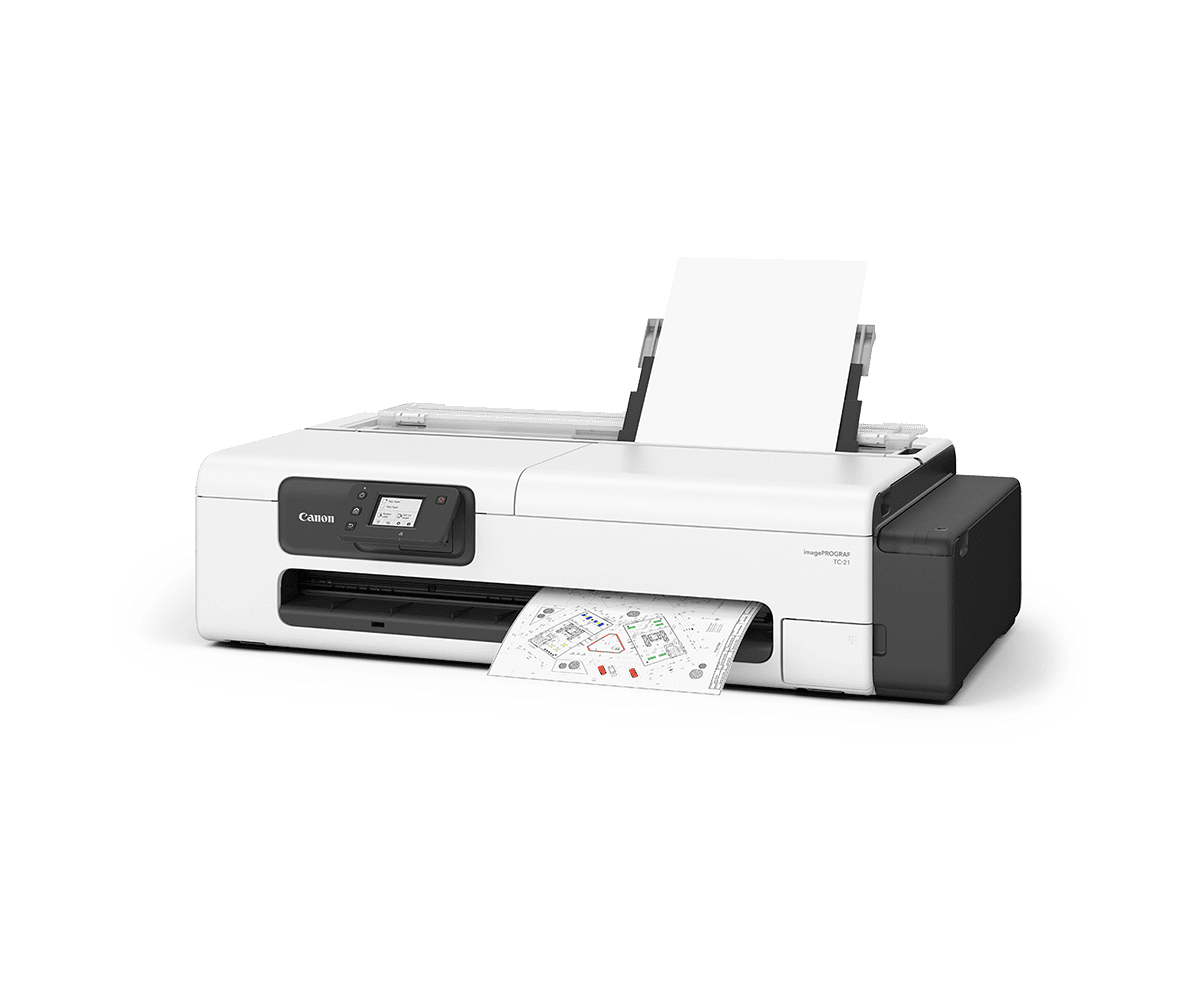Canon imagePROGRAF TC-21 with automatic sheet feeder open and print output