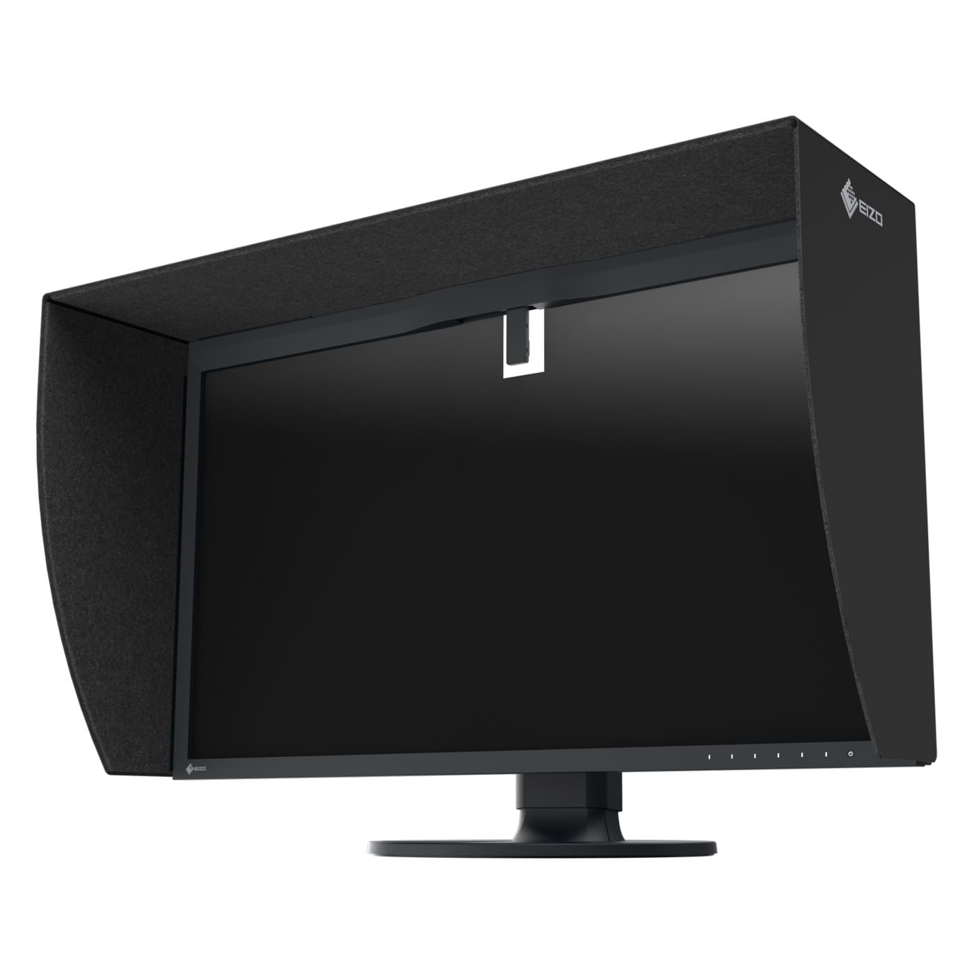 Eizo ColorEdge CG monitor with its built-in calibration sensor swung out in front of the screen and a light-shielding hood