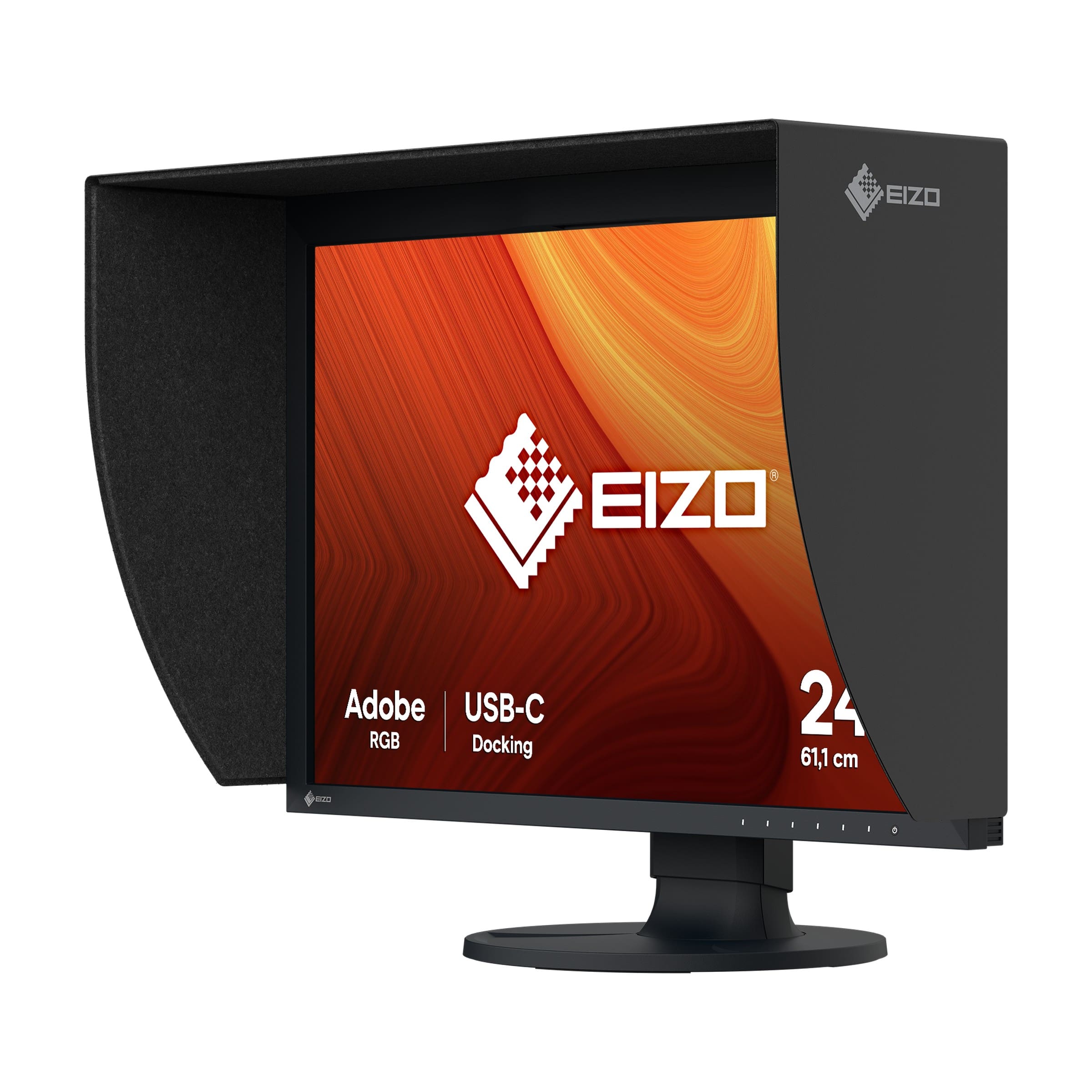 Eizo ColorEdge CG2400S 24-inch monitor with hood displaying a photo edit