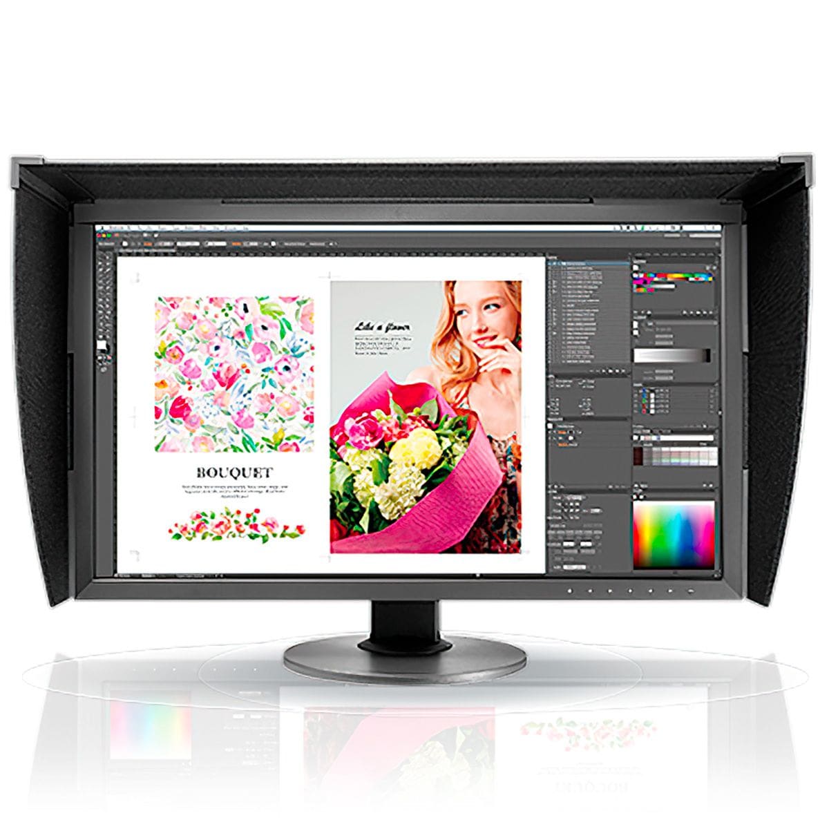 Eizo ColorEdge CG2700S 27-inch monitor with hood showing a graphic design layout