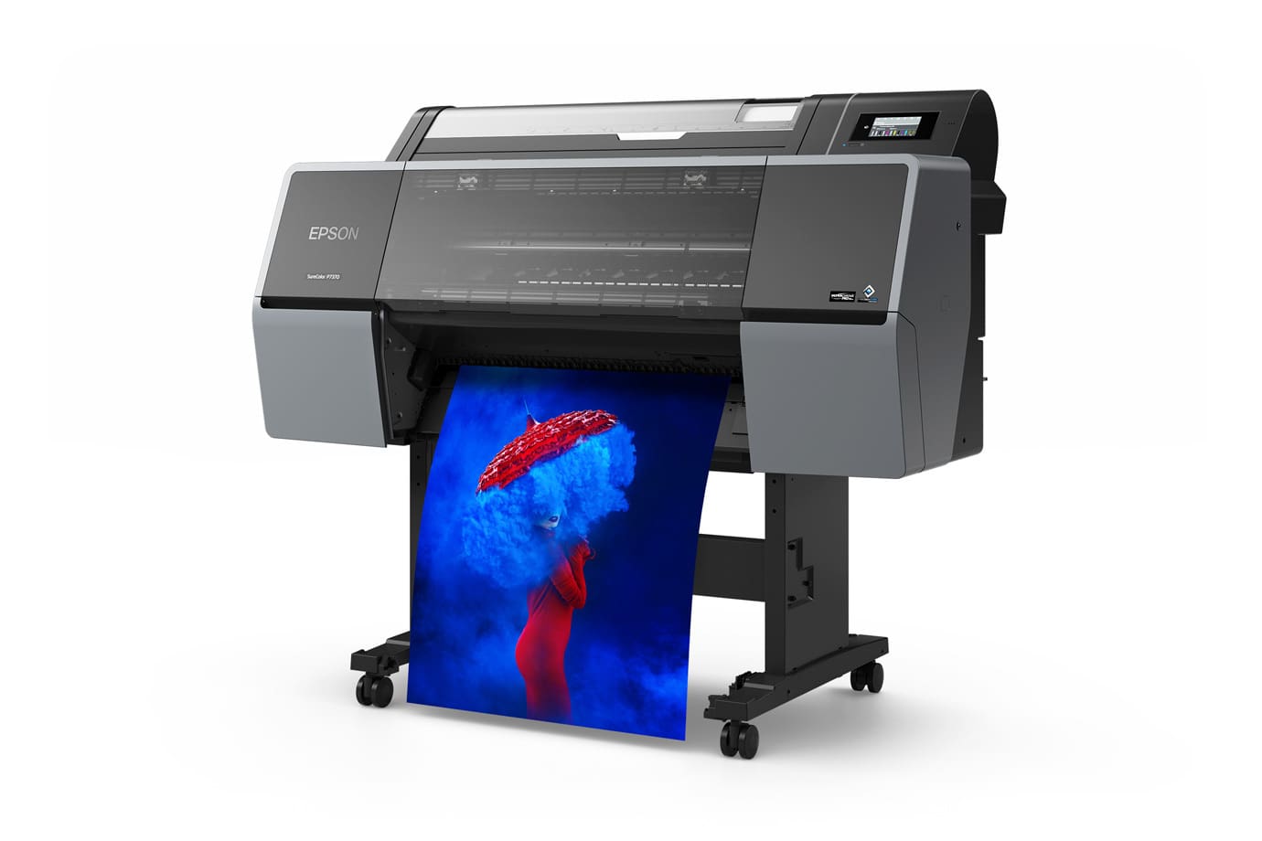 Epson SureColor P7370 24-inch photo printer on stand, left angle with print