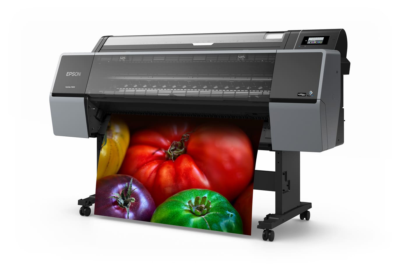 Epson SureColor P9370 44-inch photo printer on stand, left angle with print