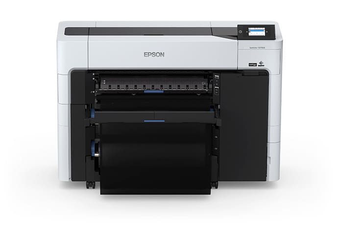 Epson SureColor T3770DE 24-inch dual-roll CAD printer with basket, front view