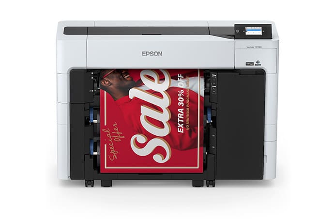 Epson SureColor T3770DE 24-inch dual-roll CAD printer, front view with print