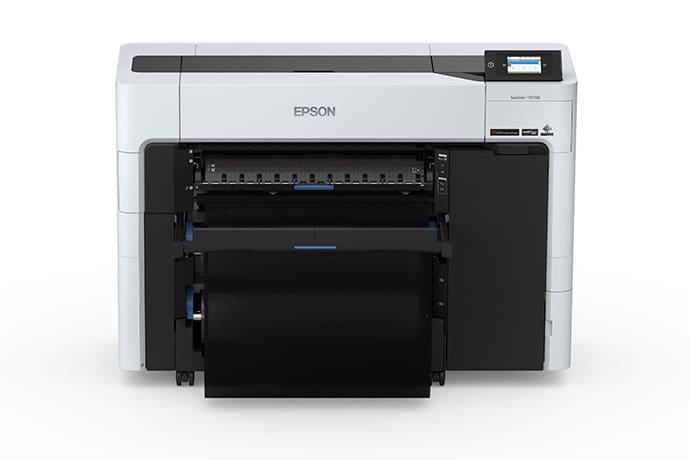 Epson SureColor T3770DR 24-inch dual-roll CAD printer with basket, front view