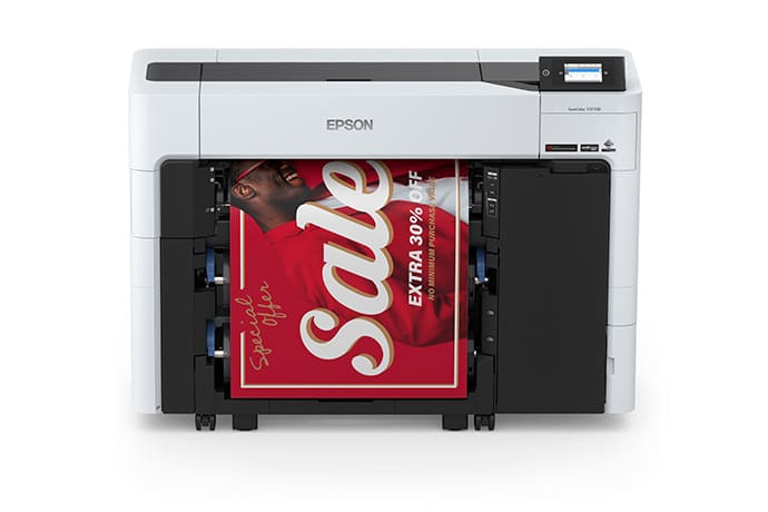 Epson SureColor T3770DR 24-inch dual-roll CAD printer, front view with print