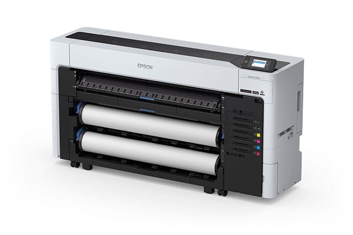 Epson SureColor T7770DL 44-inch dual-roll CAD printer with 1.6-liter ink packs, left angle view
